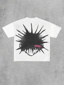 Camiseta de manga corta con estampado gráfico de retrato de dibujos animados y texto divertido para uso urbano - Blanco - Ver 2