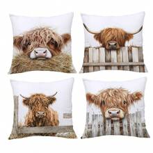 4 pièces Housses de coussin vache des highlands minimaliste, imprimées sur un seul côté en velours doux pêche, 45*45CM Housses de coussin pour la décoration intérieure, les fêtes, les cadeaux - Multicolore-4 pièces - Voir 4