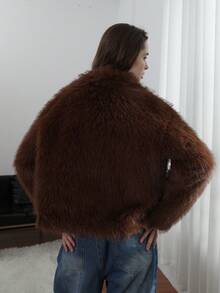 HH Faux Fur Jacket For Women Elegant Solid Lapel Long Sleeve Coat Casual Loose Female Winter Oversize Lady Chic Streetwear Jakcets - 紫紅色 - 查看 11