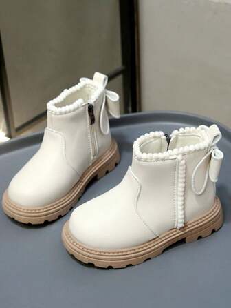 1双儿童秋冬靴，侧拉链纯色简约低帮踝靴，舒适保暖，适合女孩室内/室外休闲及假日穿着