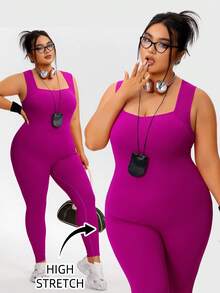 Plus Size Women Seamless High Elasticity Jumpsuit, Sexy Outdoor Fitness Yoga Wear, Solid Color, Slim Fit, Casual Daily Wear