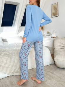 Mirano Slogan Print Short Sleeve Top & Cherry Pattern Long Pants Pajama Set - Blue - View 2