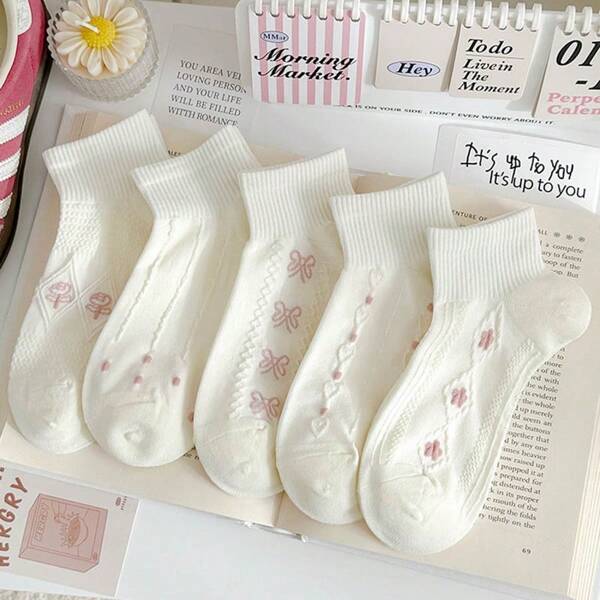 5 Pairs White Floral Cute Moisture-Wicking Student Ankle Socks