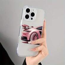 1pc Transparent Shell Lens Protection Pink Racing Car Pattern Anti-Fall Anti-Slip Soft Phone Case Cover Compatible With Apple 16/15/14/13/12/11 Pro Max/7/8 Plus, Galaxy And Other Models