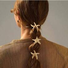 3pcs/Set Gold Starfish Elastic Metal Hair Ties, Women Long Hair Ponytail Holders, Hair Accessories, Hair Ties, Hair Bands, Scrunchies ,Hair Elastics ,Hair Rubber Bands ,Hair Rope - Gold - View 2