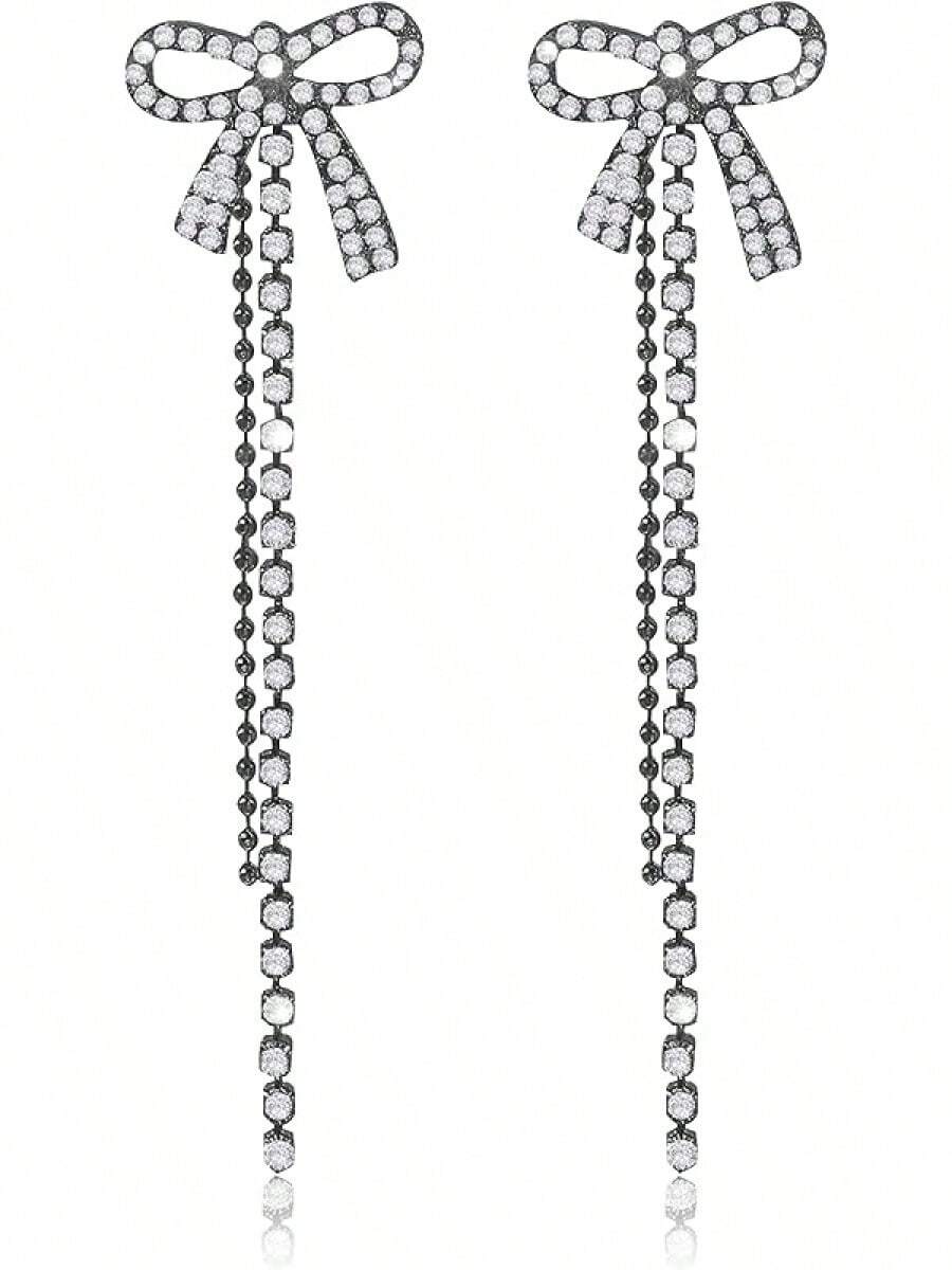 Bow Earrings For Women  Sparkly Rhinestone Chain Tassel Earrings Cute Ribbon Stud Earring Daily Party Jewerly Gifts Christmas Stocking Stuffers - B5: khuyên tai nơ đen - Xem 1