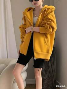 Women's Hooded Sweatshirt With Zipper Closure - Yellow - View 2
