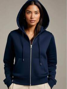 Women's Hooded Sweatshirt With Zipper Closure - Navy Blue - View 2