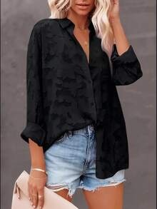 Plus Size Women Casual Jacquard Blouse, Loose Textured Black Long Sleeve Shirt, Suitable For Back To School, Daily Wear, And Vacation Spring - Black - View 2