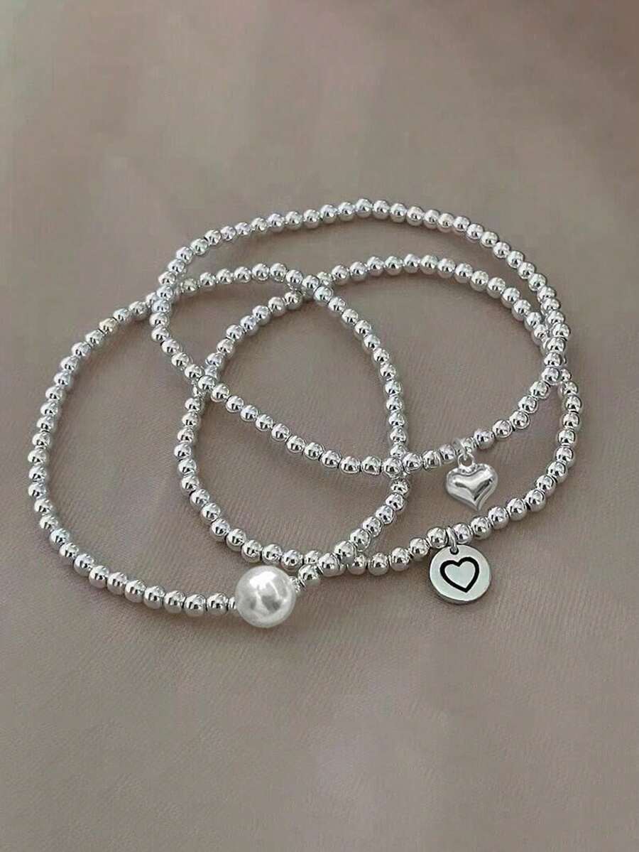 3 件套女士串珠手链套装，复古时尚，优雅创意配饰 - 銀色 - 查看 1