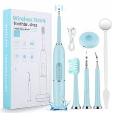 Electric Ultrasonic Scaler, Oral Care Kit, Teeth Whitening Scaler, Calculus, Plaque, Tartar And Other Cleaning, 5 Modes, Timer Reminder Function, With Usb Charging Base, Toothbrush Head, 2 Scaler Heads, Oral Mirror - Blue - View 2