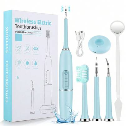 Electric Ultrasonic Scaler, Oral Care Kit, Teeth Whitening Scaler, Calculus, Plaque, Tartar And Other Cleaning, 5 Modes, Timer Reminder Function, With Usb Charging Base, Toothbrush Head, 2 Scaler Heads, Oral Mirror