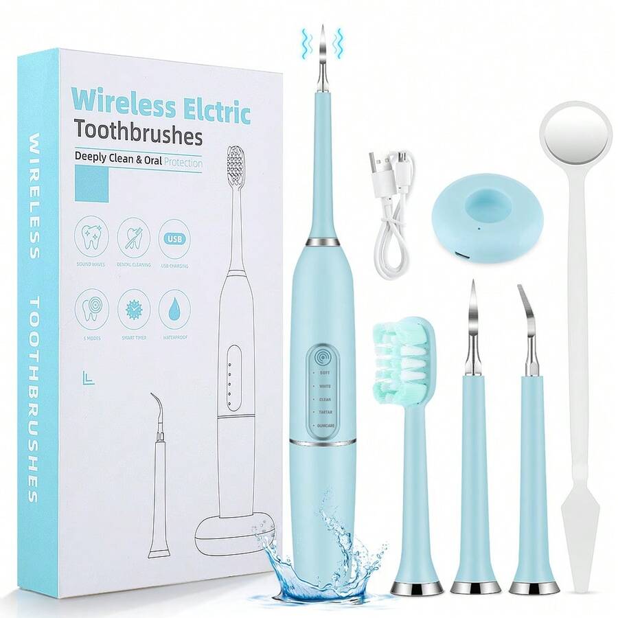 Electric Ultrasonic Scaler, Oral Care Kit, Teeth Whitening Scaler, Calculus, Plaque, Tartar And Other Cleaning, 5 Modes, Timer Reminder Function, With Usb Charging Base, Toothbrush Head, 2 Scaler Heads, Oral Mirror