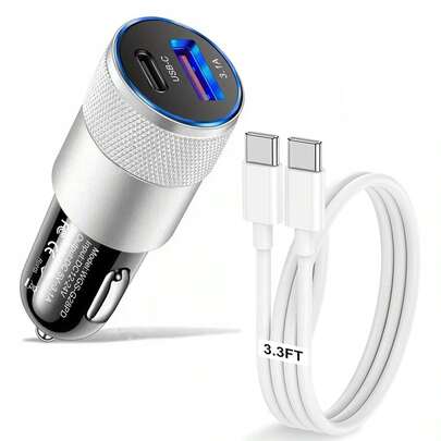 二合一 USB-C 车载充电器，3.0 PD USB-C 车载适配器，双端口车载点烟器 3.1A USB+Type-C 车载插头，附带 1 条 USB-C 转 Type-C 充电线，兼容 16/15，兼容三星 Galaxy S25/S24/S23/S22/S21/S20
