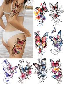 8 pièces de tatouages temporaires de papillon à la mode, noir et blanc et colorés, imperméables, pour les femmes sur le bras, la jambe et le pied
