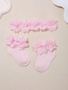 1pc Baby White Chiffon Flower Headband + 1 Pair Baby Hollow Out Socks