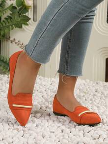 Women's Pointed Toe Flats – PU Leather With Metallic Band, Comfortable And Stylish For Work & Daily Wear, Available In Multiple Colors - 橘色 - 查看 4