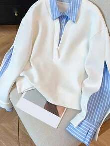 SAOYANGYU Women's Korean Style Striped Patchwork Casual Sweatshirt - White - View 1