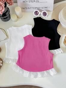 3件套少女时尚蕾丝边无袖罗纹背心，休闲蝴蝶结上衣，百搭户外春夏装 - 彩色 - 查看 2