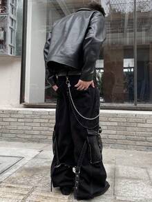 1件复古美式猫须多口袋拼接牛仔裤，时尚工装裤，阔腿裤（不含腰带和配饰） - 黑色 - 查看 6