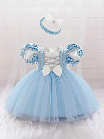 女婴紫色泡泡袖刺绣网眼奢华公主裙，适合派对