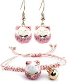 Omky Pulsera Ajustable Gatito de la Suerte| Varios Colores| Maneki Neko.| Gato de cerámica grande - NegroRosaVerde - Ver 12
