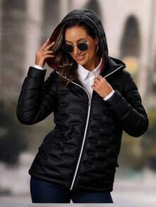 Chamarra Chaqueta Cazadora Dama Peluche Interno Gorro Desmontable Rib en Costados Vanguardia para uso Diario Formal e Informal Moda - Negro - Ver 2