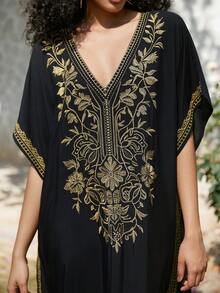 黑色刺绣迪拜风格休闲短袖女式睡袍 - 黑色 - 查看 3