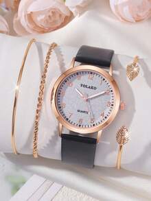 4pcs Fashionable And Versatile Women's Quartz Watch, Exquisite Circular Digital Dial, PU Belt Strap, Paired With A Simple Jewelry Bracelet Set, Suitable For Daily And Holiday Wear, Suitable For Gift Giving - Apricot - View 15