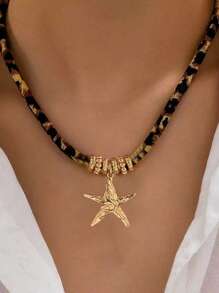 1pc Autumn/Winter Vacation Ocean Style Women's Pendant Necklace, Retro Bohemian Metal Starfish Pendant, Leopard Print Fabric Simple Personalized Choker Necklace, Casual Daily Beach Vacation Versatile Accessory - Leopard - View 12