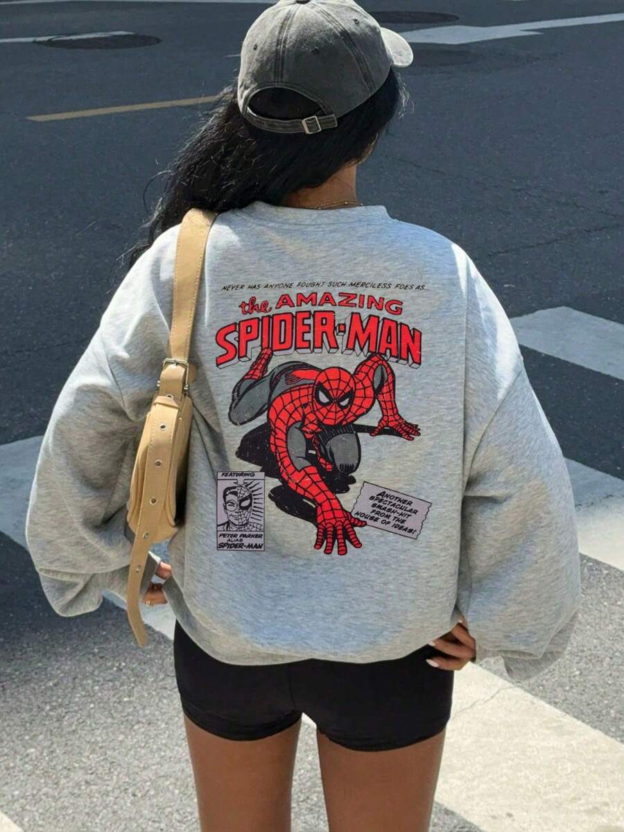 Marvel 女士蜘蛛人圖案衛衣，休閒風格，寬鬆剪裁，長袖設計，舒適面料，適合日常穿著，春秋季節，粉絲專屬，獨特設計，Curve oversize純色圓領運動衫，棉質長袖上衣，秋裝假期度假，戶外運動服裝，秋季服裝女，適合女士/兒童，情侶款/親子裝