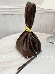 low tea 1pc Solid Color PU Leather Handbag For Women, Personalized Mini Cloud Pleated Bag With Metal Decor Zipper Closure, Suitable For Daily And Outing Use - Coffee - View 8