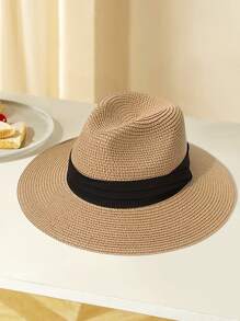 قبعة قش نسائية ورجالية قطعة واحدة، قبعة شاطئ صيفية، قبعة شمس، قبعة علوية، لون أحادي، بوهيمي عادي لفصلي الربيع والصيف