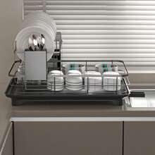 New 2-Tier Dish Drying Rack - Foldable Kitchen Countertop Drain Rack With Drying Board, Dish Hooks, And Cup Holders, Large Capacity Bowl, Plate, And Pot Storage Rack, Durable And Sturdy, Efficient Plate Drying System, Space-Saving Black And White