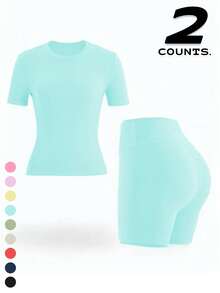 Two Piece Set Of Women's Solid Color Round Neck T-Shirt+High Waisted Cycling Shorts Sports Suit, Lapel Short Sleeved T-Shirt+Tight Shorts, Gym Clothing, Women's Sportswear, Indoor And Outdoor Casual Sportswear, Fitness Clothing, Workspace Clothing, Sportswear - Baby Blue - View 1