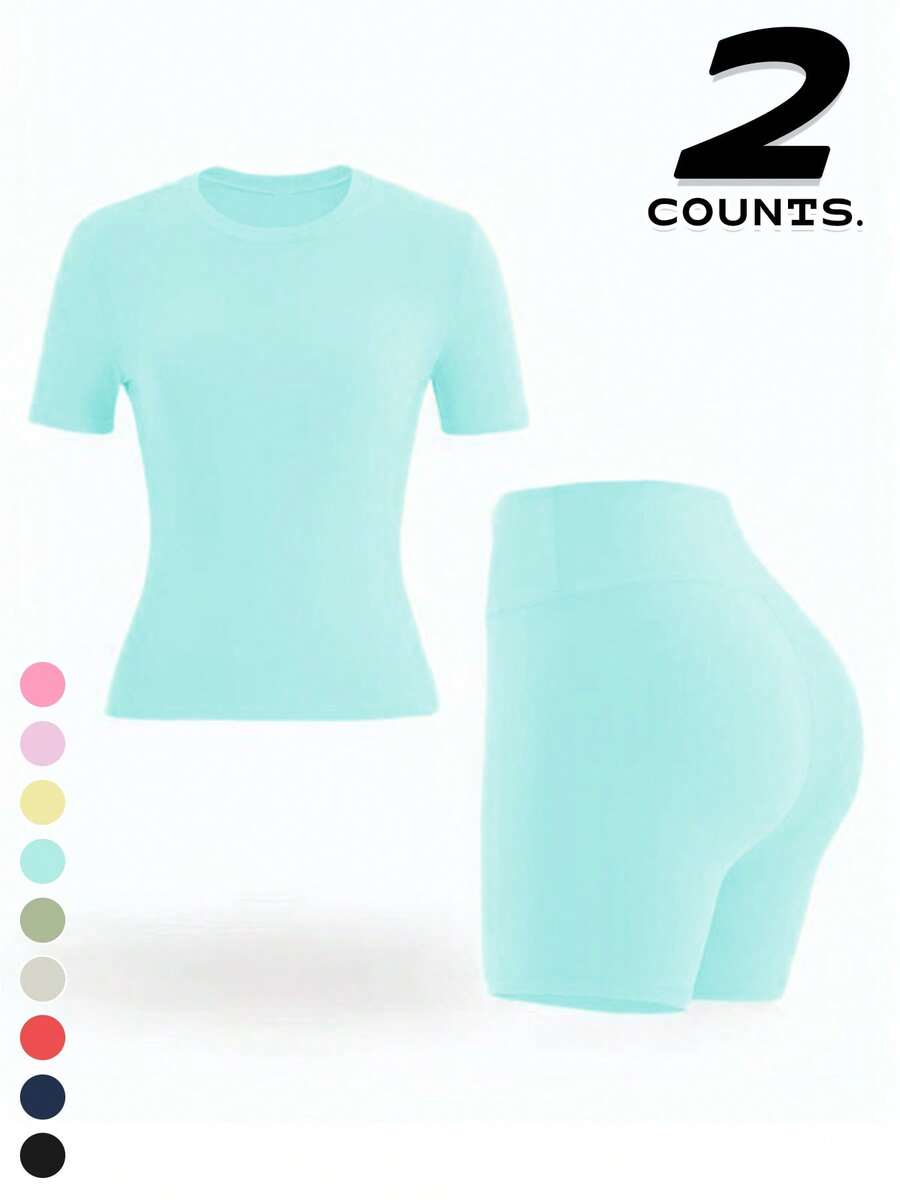 Two Piece Set Of Women's Solid Color Round Neck T-Shirt+High Waisted Cycling Shorts Sports Suit, Lapel Short Sleeved T-Shirt+Tight Shorts, Gym Clothing, Women's Sportswear, Indoor And Outdoor Casual Sportswear, Fitness Clothing, Workspace Clothing, Sportswear - Baby Blue - View 1