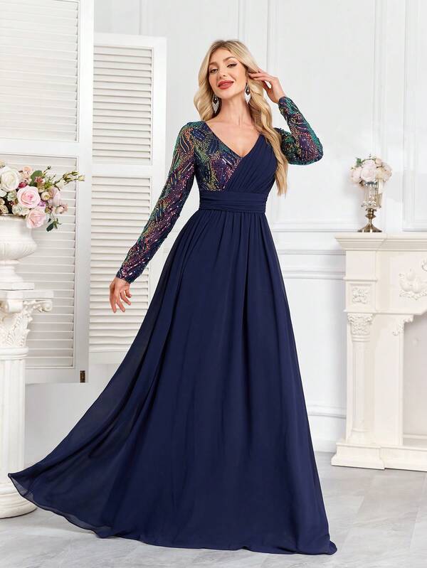hezixi Vestido de noite formal em chiffon com lantejoulas e corte A, decote em V, manga comprida, elegante para formatura, jantar