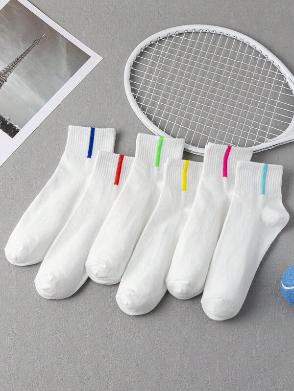 6 Pairs White Striped Moisture Wicking Comfortable Short Socks, Versatile College Style