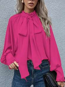 Women's Elegant Solid Color Ruffle Trim Lantern Sleeve Loose Blouse, Suitable For Daily, Office, Commuting Wear - Rose Red - View 3
