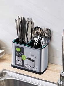 Stainless Steel Kitchen Utensils Storage Rack, Knife Holder, Spoon Fork Chopsticks Cookware Organizer Tray Stand - Silver - View 12