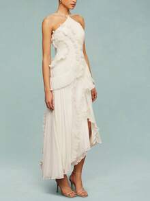 Women Ruffle Pleated Long Dress Sleeveless Halter Irregular Tiered Pleated Flowy Chiffon Dresses For Wedding Guest - Beige - View 2