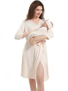 Maternity Robe And Baby Receiving Blanket Set For Labor And Delivery - Cream Pink - 查看 1