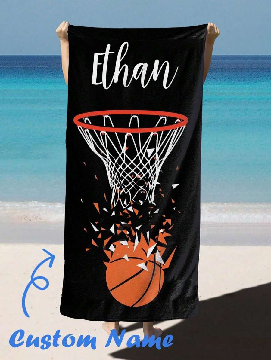 1PC Personalized Custom Beach Towel Featuring A Basketball-Themed Elements Background Design. You Can Have Your Name Customized On It. Ideal For Use On The Beach, Beside The Pool, And During Beach Holidays.