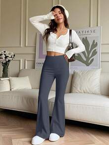 大码纯色高腰弹力喇叭裤，瑜伽紧身裤，跑步健身压缩紧身裤，透气速干运动裤，女士修身裤 - 深灰色 - 查看 5