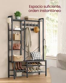 Appendiabiti Ingresso con Panca Scarpiera e 5 Ripiani Portaoggetti, 9 Ganci Attaccapanni e 6 Ganci Laterali, 40 x 120 x 190 cm,Stone Grey and Ink Black,Regalo Natale - nero - Visualizzare 2
