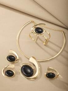 1pc/Set Vintage Elegant High-Quality Alloy Resin Inlaid Stainless Steel Women's Earrings, Ring, Bracelet, Necklace Jewelry Set, Fashionable Luxurious Golden Accessories Suitable For Women's Banquet, Party, Wedding, Holiday, Valentine's Day Gift - Elegant Style - View 3