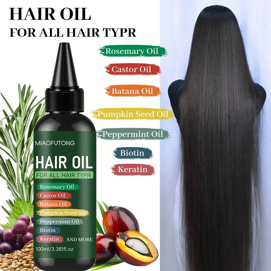 100ml Bottle 7-In-1 Hair Treatment Oil With Castor Oil + Banana Oil + Pumpkin Seed Oil + Peppermint Oil + Biotin + Keratin Moisturizing & Hydrating, Gentle Formula To Repair Dry, Frizzy Hair For All Hair Types & Scalp, Unisex Hair Supplies Hair Care - màu xanh lá - Xem 1