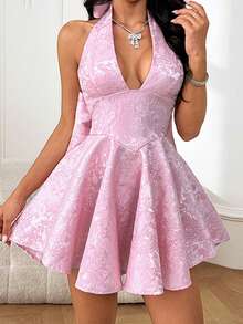 Vestido de verano WOWDARK, conjunto de Día de San Valentín rosa, vestido de fiesta elegante de mujer con escote en V profundo, estampado jacquard, cuello halter, lazo y espalda descubierta, adecuado para el Día de San Valentín, citas, reuniones, fiestas, viajes, vacaciones, playa y otras ocasiones - Rosa - Ver 4