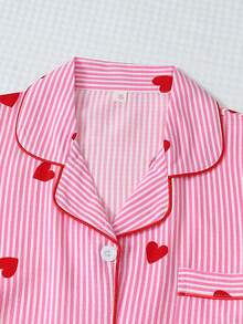 2pcs Women Striped & Heart Print Pajama Set, Long Sleeve Button Collar Top And Pants, Casual Sleepwear Homewear Suit For Autumn/Winter, Fall Clothes - 粉色 - 查看 3