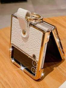 奢华电镀钻石圆环皮革手机壳适用于三星 Galaxy Z Flip 5 Z Flip 6 ZFlip 4 ZFlip 3 5G 时尚闪亮防震后盖防水防摔防刮